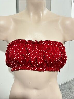 SHEIN Red White Polka Dot Smocked Bandeau Crop Top